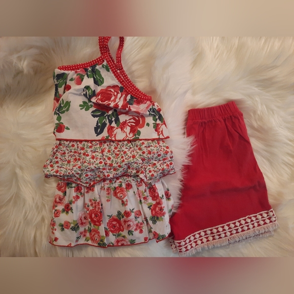 Red & white floral-ruffle print 2 PC Matching Set Girl's Size 7-8 - Picture 4 of 9